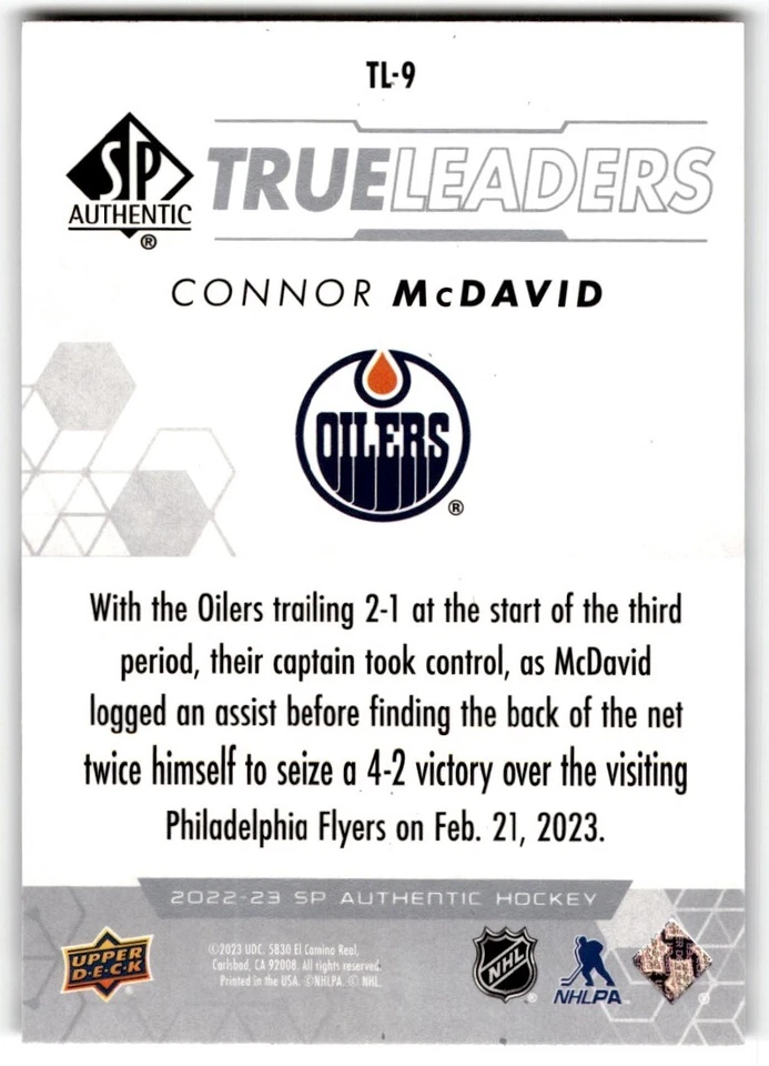 2022-23 SP Authentic True Leaders Connor McDavid #TL-9 Edmonton Oilers - Image 2 of 2
