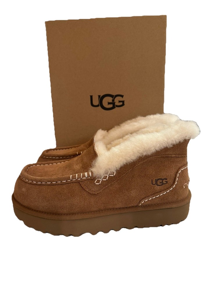 UGG Ansley Parc Suede Platform Moccasin Shoes Size 9 Chestnut New In Box