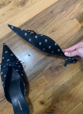BALENCIAGA KNIFE MULES SIZE 37.5 BB LOGO SATIN ONLY USED THREE