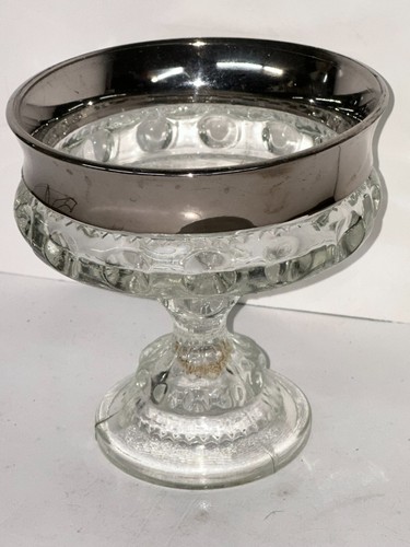 Indiana Glass Kings Crown Clear Compote 5" Silver Band Thumbprint Pedestal Dish