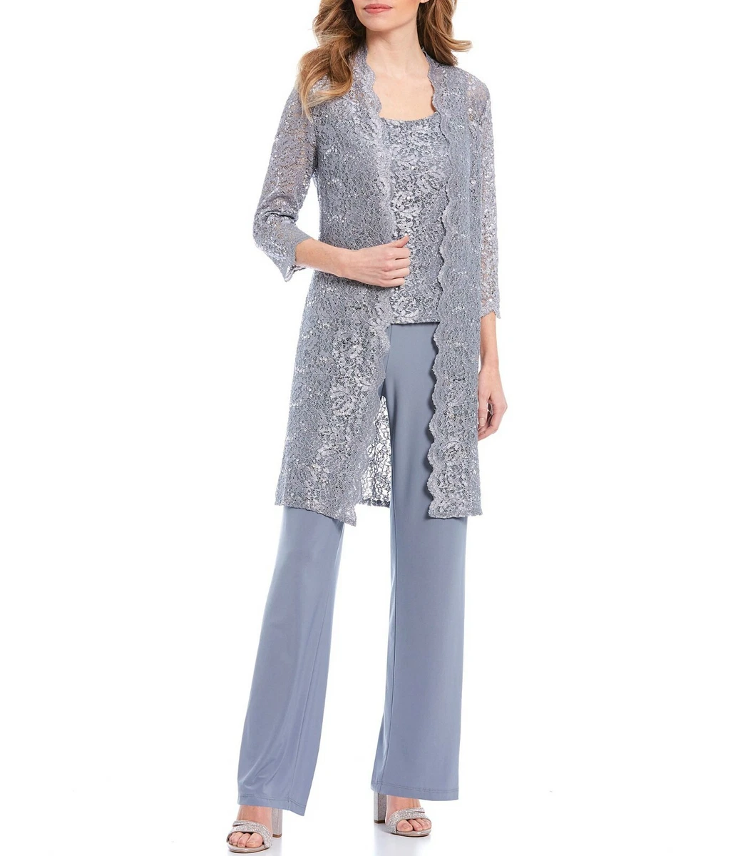 R&M Richards Women's Lace Duster Jacket Shell & Solid Pantsuit - Bride Pant  Suit