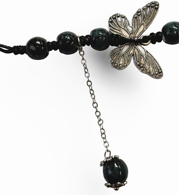 Dark Green Bead Silver Butterfly Pendant Charm Pray Vintage Necklace