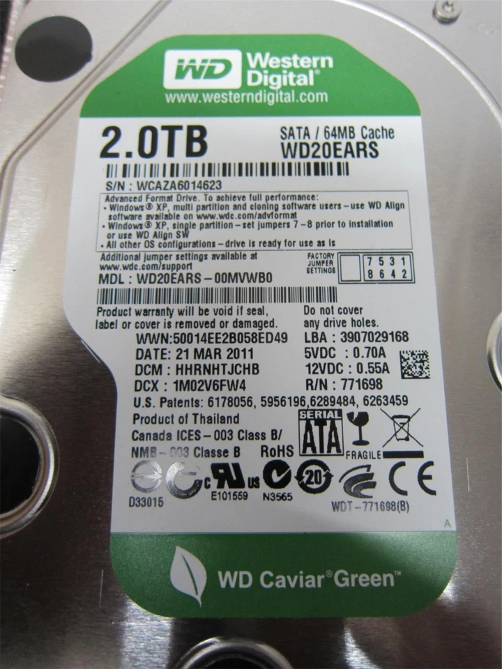 Western Digital Caviar Green 2TB SATA 64Mb Cache WD20EARS-00MVWB0 5400RPM HDD - Image 2 of 3