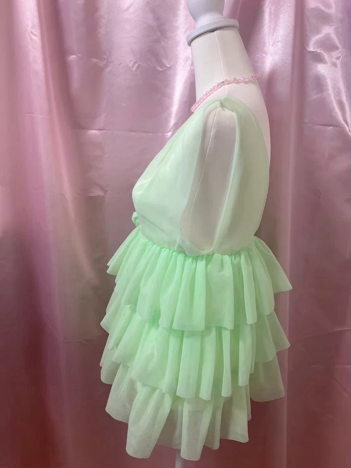 复古 20 世纪 80 年代糖果石灰褶边连衣裙 Fairycore Balletcore 美国海报 — 第 3/4 张图片