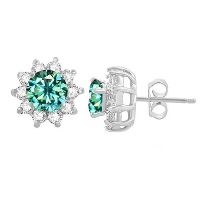 2,60 kt runde Moissanit Halo Blume Silber Ohrstecker 14 K Weißgold vergoldet