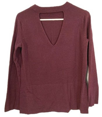 Pedro Del Hierro Sweater Women S Wine 100% Wool Crew Neck Knit Back Cutout Logo