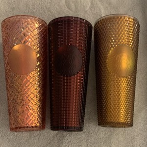 Starbucks Pink Dark Red Gold Textured Cups Set Coffee Tea Drinkware 3 Tumblers