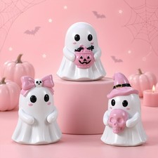 3 Pcs Halloween Pink White Ghost Resin Figurines Cute Bow