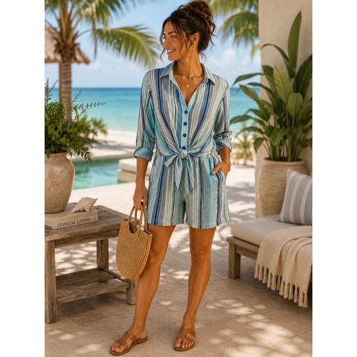 Lumiere Blue Striped Tie Front Romper Women Medium NWT Button Up Coastal Beach