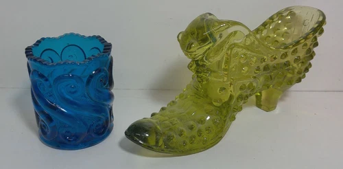 VTG Fenton Art Glass Hobnail Cat Head Slipper Shoe Green &Fenton candle Holder