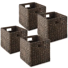 Set of 4 Hyacinth Storage Cubes, 10.5" Wicker Basket Bins for Shelves, Espresso