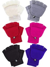 6 Pairs Kids Winter Convertible Fingerless Gloves Knitted Mitten 11-18 Years