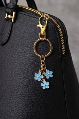 Light Blue Daisy Flower Keychain Gold Tone Floral Charm Purse Bag Key Ring