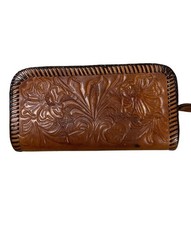 Vintage Hand Tooled Leather Wristlet Wallet F...