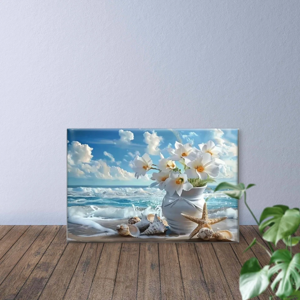 White Flowers And Seashells On Beach Wall Art Canvas Unframed Print Art - Image 2 of 4