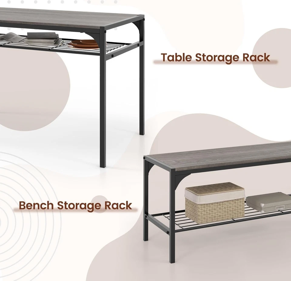 4 Seater Dining Table Bench Set w/ Storage Racks Grey Oak Metal Frame - Image 3 of 4
