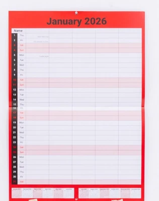 EVELAY 2026 Calendar 5 Columns Wall 12 Monthly Planner Staff Rota Family Organiser Red