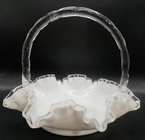 Vintage Fenton Silver Crest White Bride Basket with Ruffled Edge Milk Glass