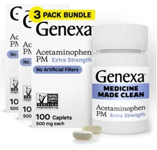 3x Genexa Clean Acetaminophen PM 500mg Nighttime Sleep Aid, 100 Tablets 12/2025