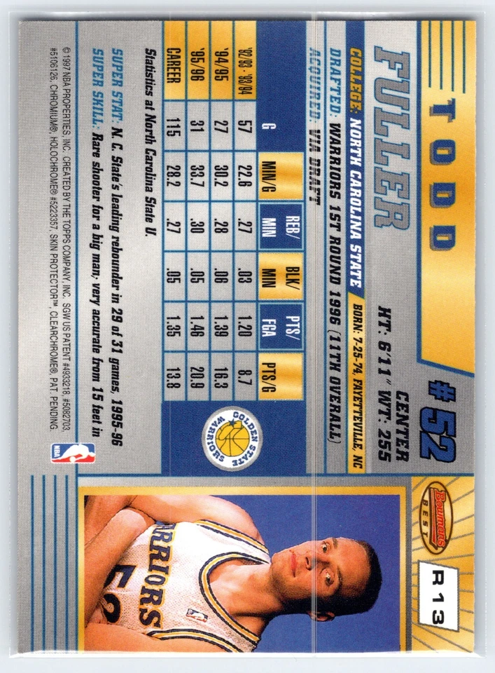 TODD FULLER 1996-97 BOWMAN'S BEST REFRACTOR ROOKIE #R13 GOLDEN STATE WARRIORS - Image 2 of 2