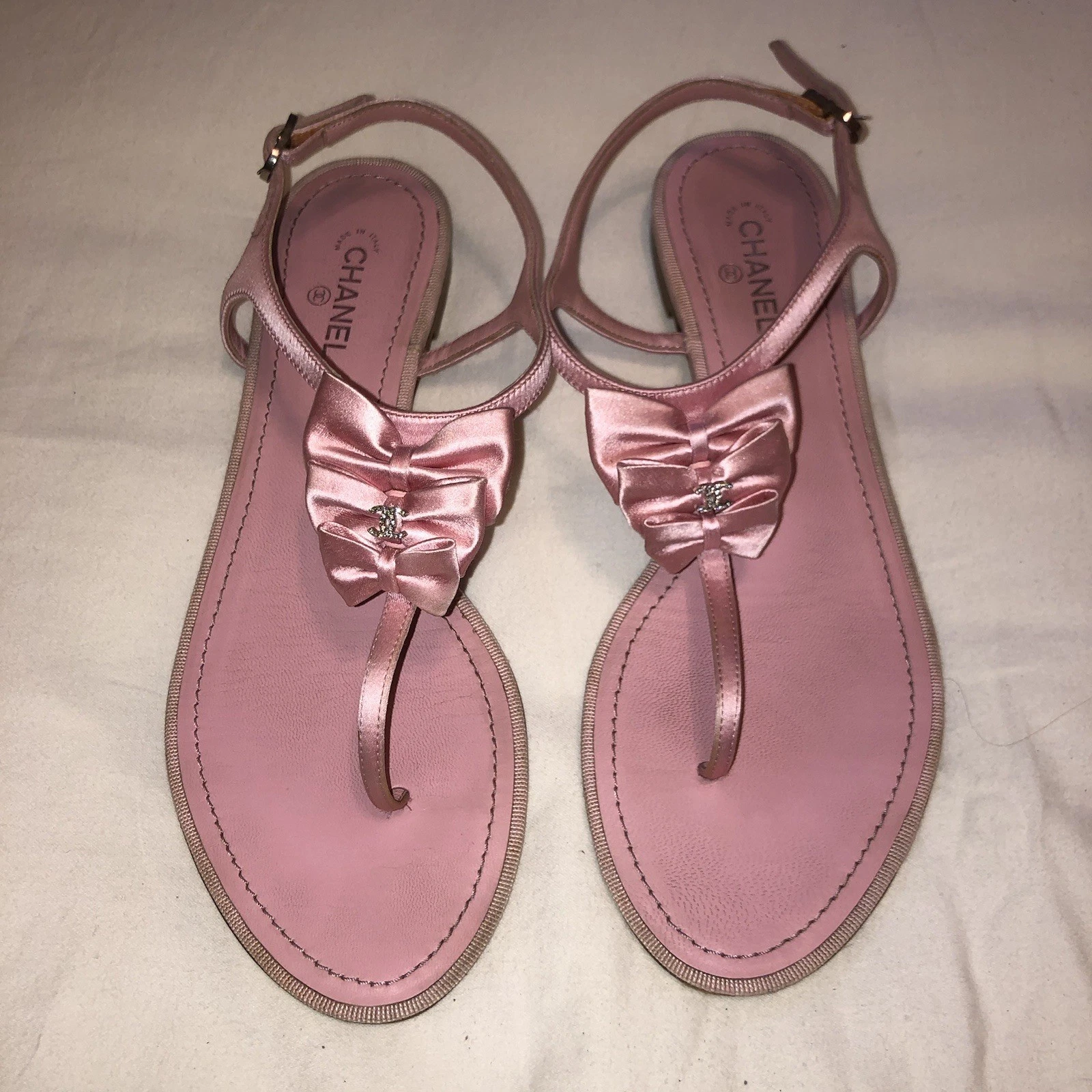 Chanel — Chanel Pink Satin Sandals with Crystal CC logo And Bows size 38.5
