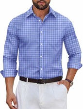 Men's Long Sleeve Plaid Button Down Cotton Wrinkle Free Dress Shirt