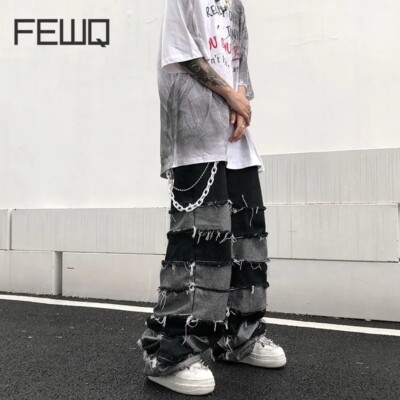 FEWQ Men Tassel Darkwear Jeans Vintage Trendy Patchwork Male Denim Trousers