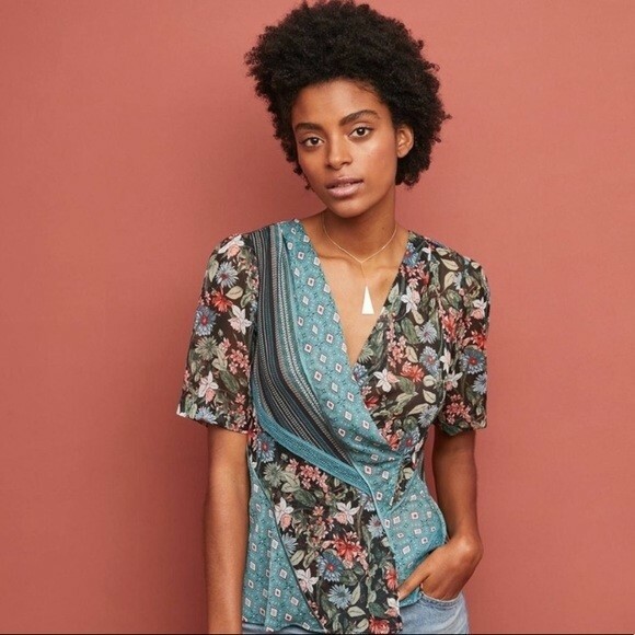 Anthropologie Tiny Teal Floral Patchwork Sheer Top - image 2