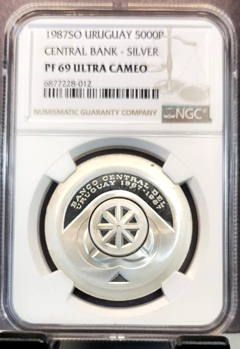 1987 URUGUAY SILVER 5000 PESOS CENTRAL BANK NGC PF 69 ULTRA CAMEO RARE TOP POP