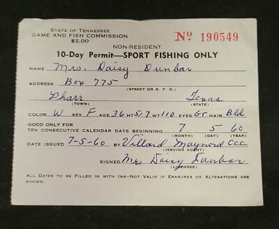 Permis De Pêche Résident 1941 De L'État Du Tennessee - Document Vintage Authentique