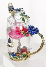 Set.Blue Rose and Butterfly Jeweled Crystal Glass Tea Cup with Lid and Teaspoon