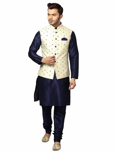 Men's Silk Blend Kurta & Churidar Pyjama With Ethnic Bundi Jacket | 3 In 1 | - Imagen 57 de 182