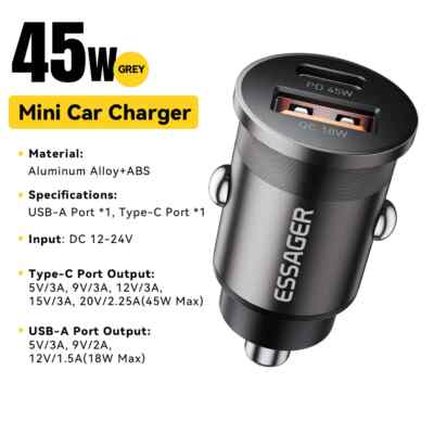 Essager USB Car Charger QC 3.0 Type C PD 45W Fast Charging For iPhone 16 Samsung
