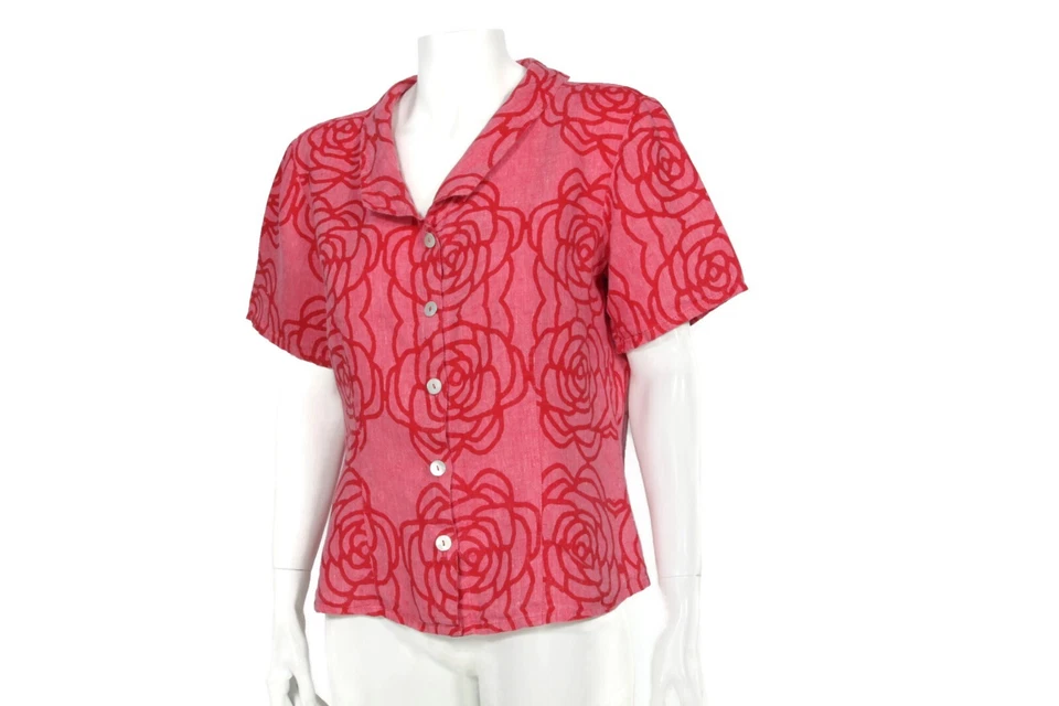 FLAX 100% Linen Pink Red Floral Rose Short Sleeve Top ssz Small /517 - Image 2 of 4