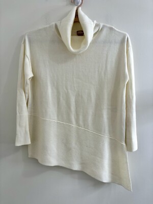 Chicos Sweater Women s Soft Cozy Knit Ivory White Cowl Neck Top Size 1 Angle Hem