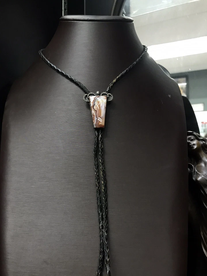 "Corbata bolo de plata de ley y encaje pulido de cuero de ágata 16""" Foto 2 de 4