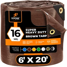 6' x 20' Super Heavy Duty 16 Mil Brown Poly Tarp Cover - Thick Waterproof
