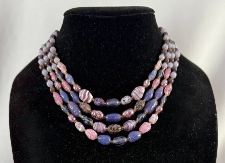 Collar Gargantilla De Colección Años 60 Púrpura Cuentas Multi Hilo Arte Vidrio Japón