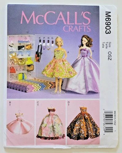 McCalls Sew Pattern 6903 Barbie 11.5" Fashion Doll Dresses Closet Accessories UC