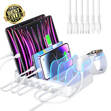 USB Charging Station Organizer 6 Ports 50W Dock with Cables & I-Watch Holder