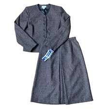 NEW Pendleton Skirt Suit Set Women 8 Wool Blend Flecked Leather Trim Jacket