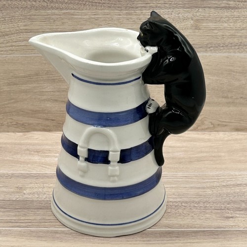 Cat Handle Pitcher With Blue Stripes 8" Tall Smithsonian Institute Made In Italy