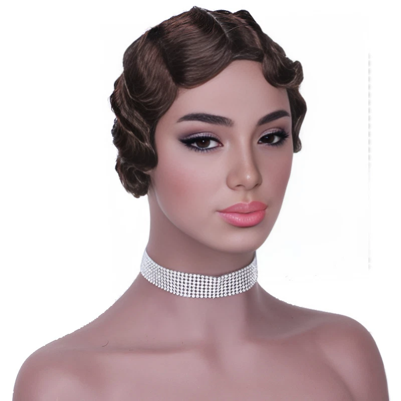 Pelucas retro de cabello humano de pelo corto ondulado de agua totalmente hechas a máquina Foto 3 de 4