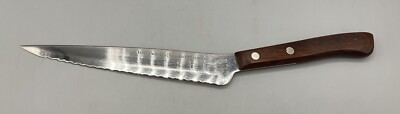 Vtg Flint USA Waverly Edge Stainless Serrated 7'' Blade Bent Angle Slicing Knife