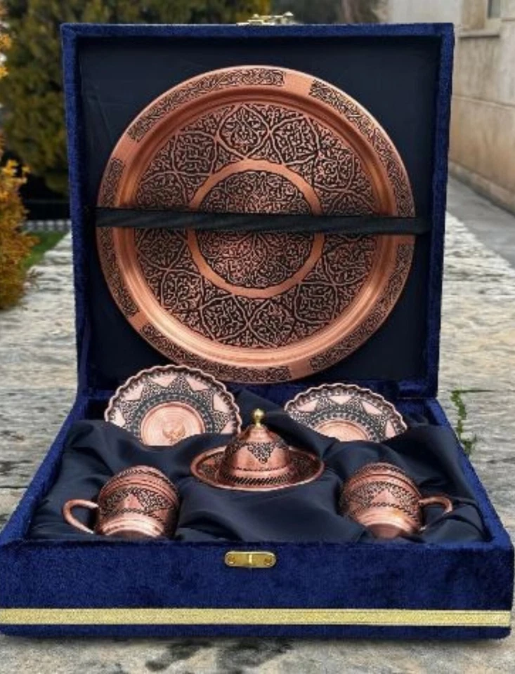 Juego de café turco de cobre hecho a mano, tazas de café espresso con bandeja juego de 2 para servir Foto 4 de 4