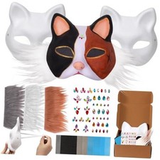 Cat Fox Mask 3PCS with Furs Eye Meshes and Gem Stickers, Therian Dress Up