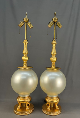 Pair of Mid Century Iridescent Glass 38'' Lamps Marbro Hollywood Regency