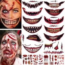 12 Halloween Big Mouth Tattoo /Wound Scar Blood Stitches DIY Horror Stickers US