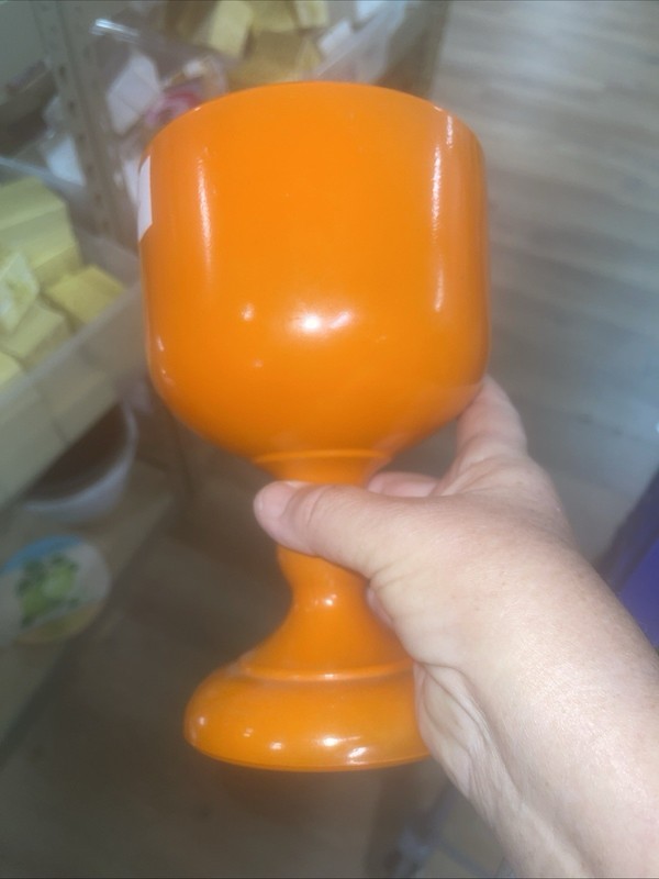 Mid Century Glass Goblet Beautiful Bright Orange Colored 8”