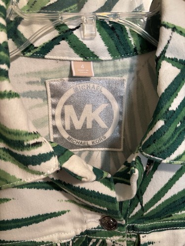 EUC Sz 4 Michael Kors Jacket Womens White Green Palm Leaf Print Denim Tropical - Picture 3 of 7